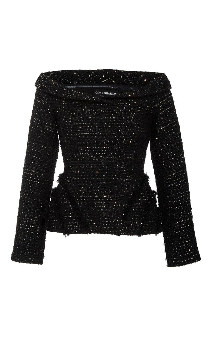 Oday Shakar Italian Paillette Tweed Off The Shoulder Blazer