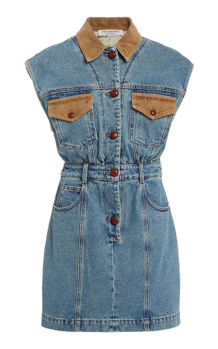 Moda Operandi Philosophy Di Lorenzo Serafini Corduroy-trimmed Denim Mini Dress