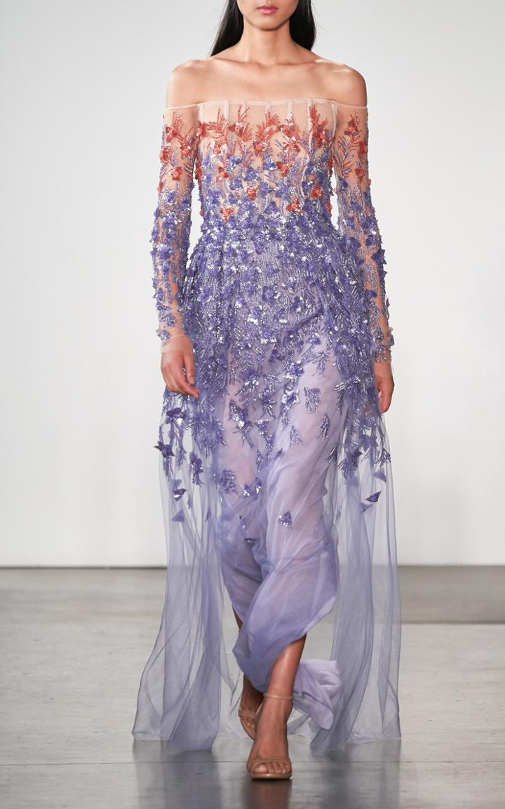 Moda Operandi Pamella Roland Ombr Floral-embellished Chiffon Dress Size: 0