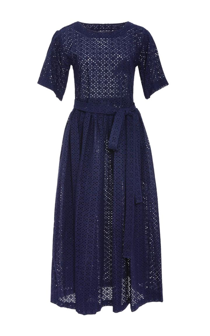 Lisa Marie Fernandez Short Sleeve Navy Eyelet Midi Dress