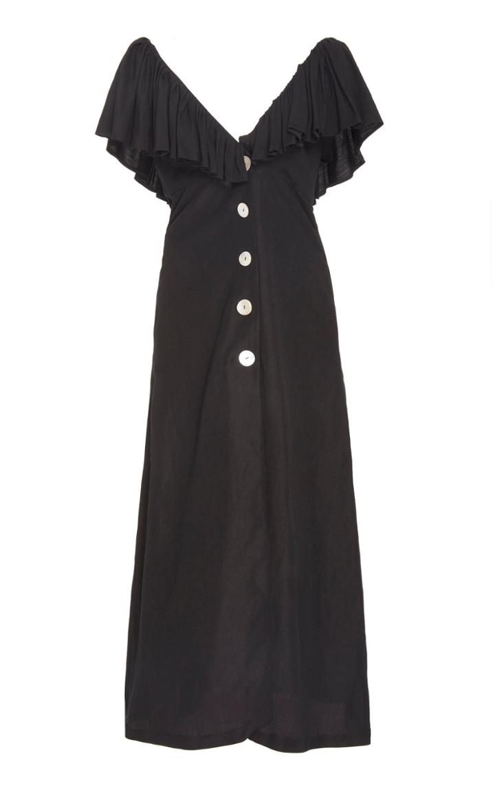 Christine Alcalay Linen Blend Ruffle Accented Midi Dress