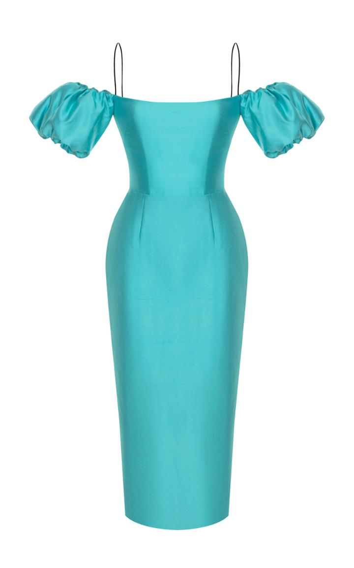 Rasario Puff Sleeve Silk Midi Dress