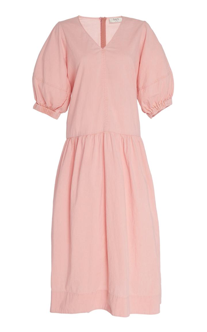Sea Pleated Cotton Midi Dress