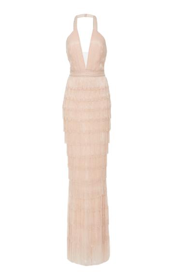 Alexandra Vidal Halter Beaded Fringe Gown