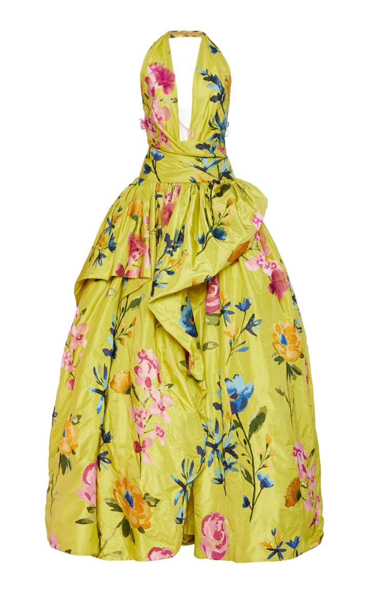 Marchesa Floral-embroidered Taffetta Halterneck Gown