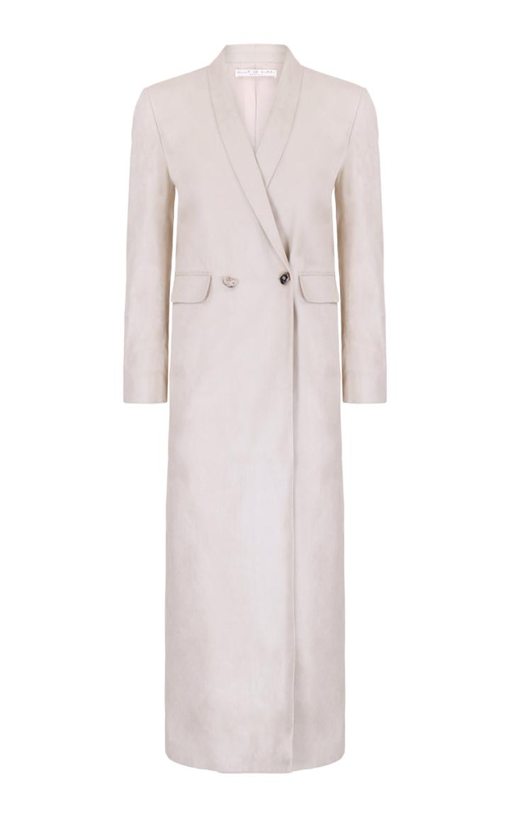 Amal Al Mulla Masculine Double Breasted Long Ivory Suede Coat
