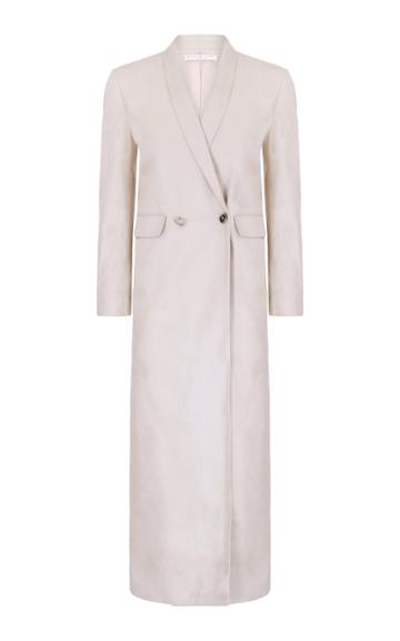 Amal Al Mulla Masculine Double Breasted Long Ivory Suede Coat