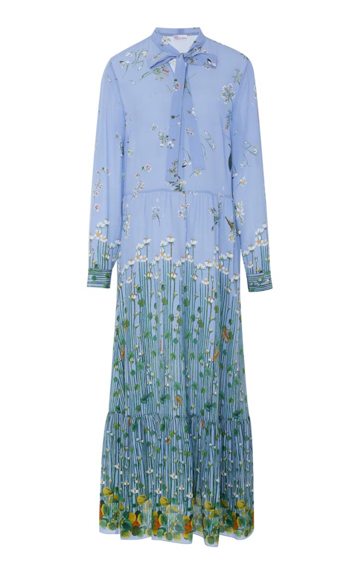 Red Valentino Floral Long Sleeve Silk Midi Dress