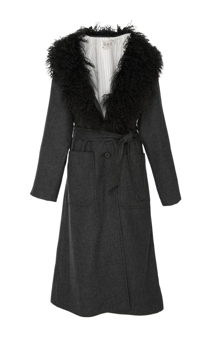 Sea Belted Fur Collar Coat