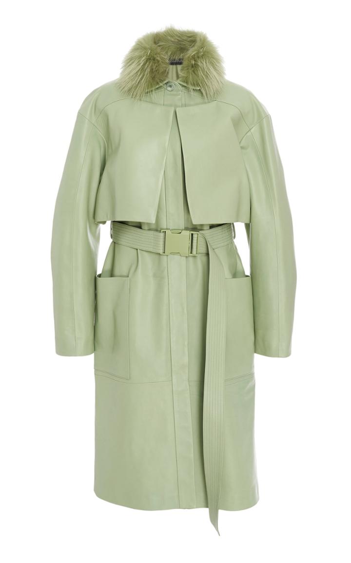 Sally Lapointe Fur-trimmed Belted Leather Trench Coat