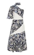 Christian Siriano Floral Contrast One Sleeve Collar Dress
