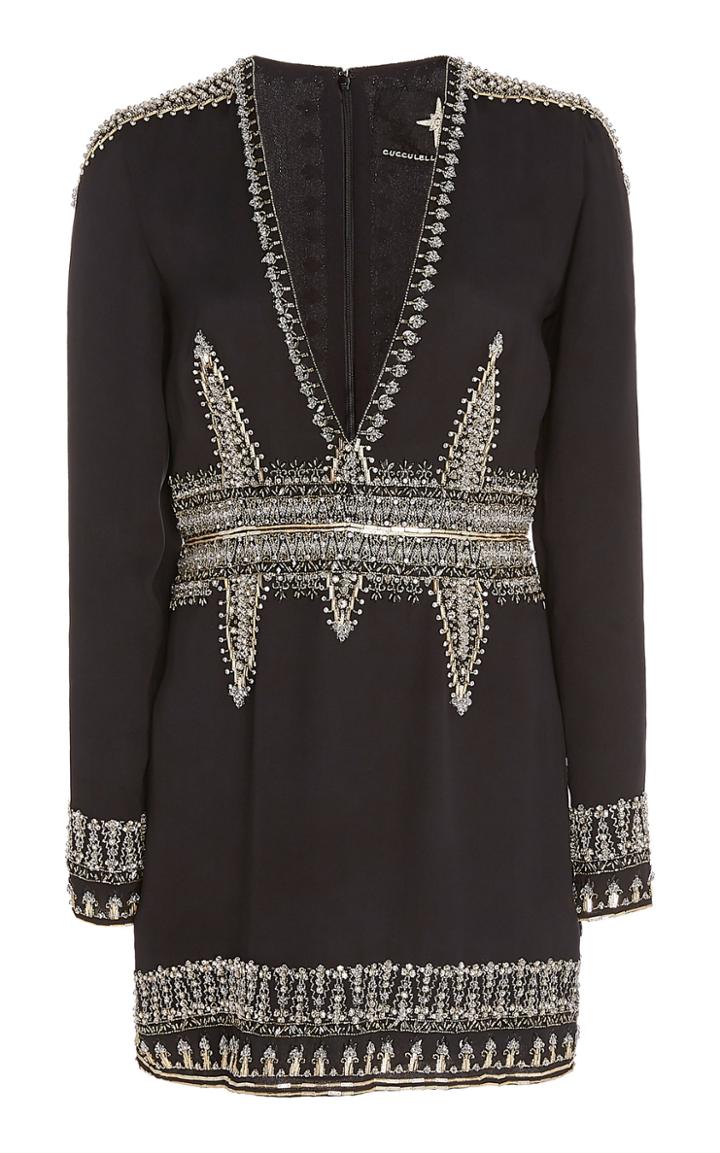 Cucculelli Shaheen Geo Borders Embroidered Silk Mini Dress