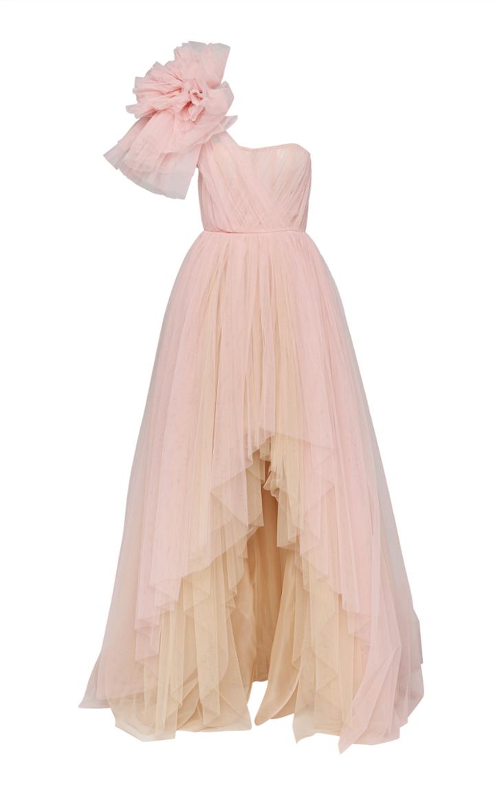 Pamella Roland One Shoulder High-low Tulle Gown