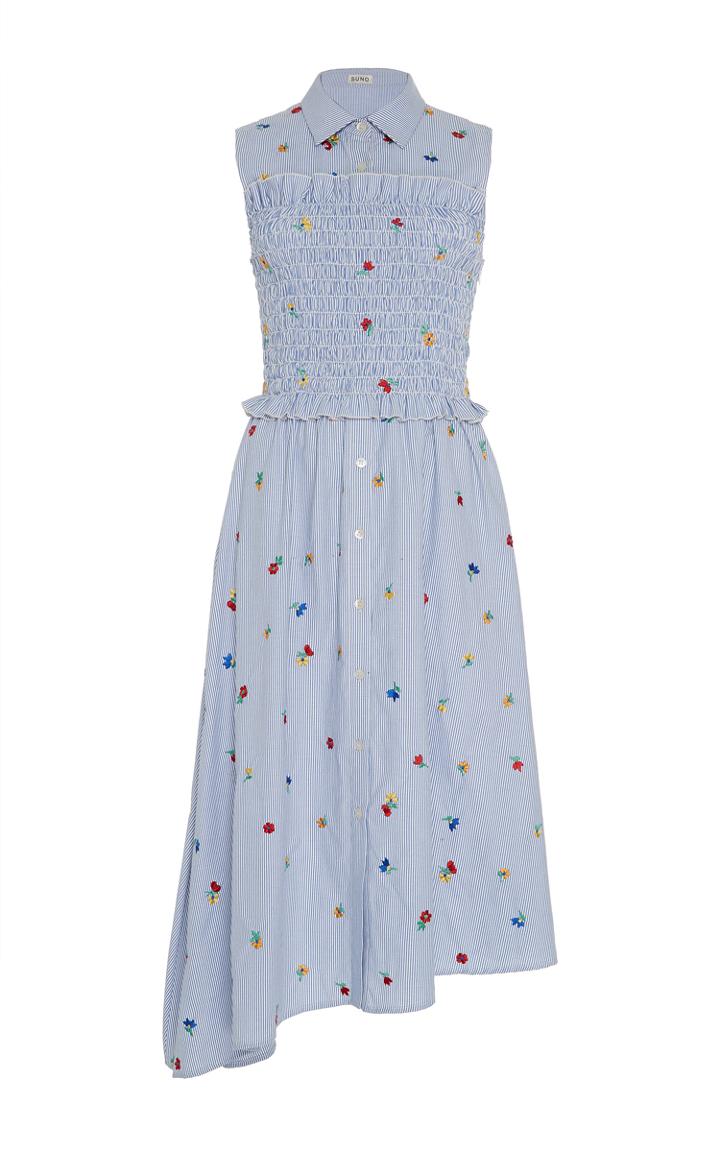 Suno Embroidered Smocked Shirt Dress