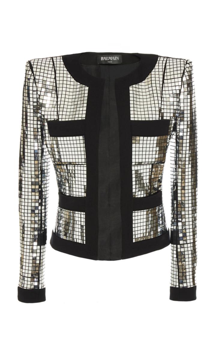 Balmain Collarless Silver Square Jacket