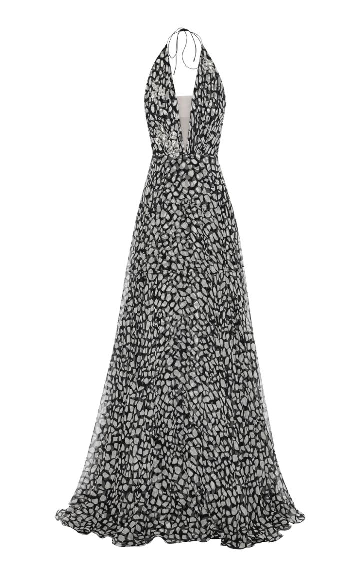 Alex Perry Morgan Printed Silk Halter Crystal Gown