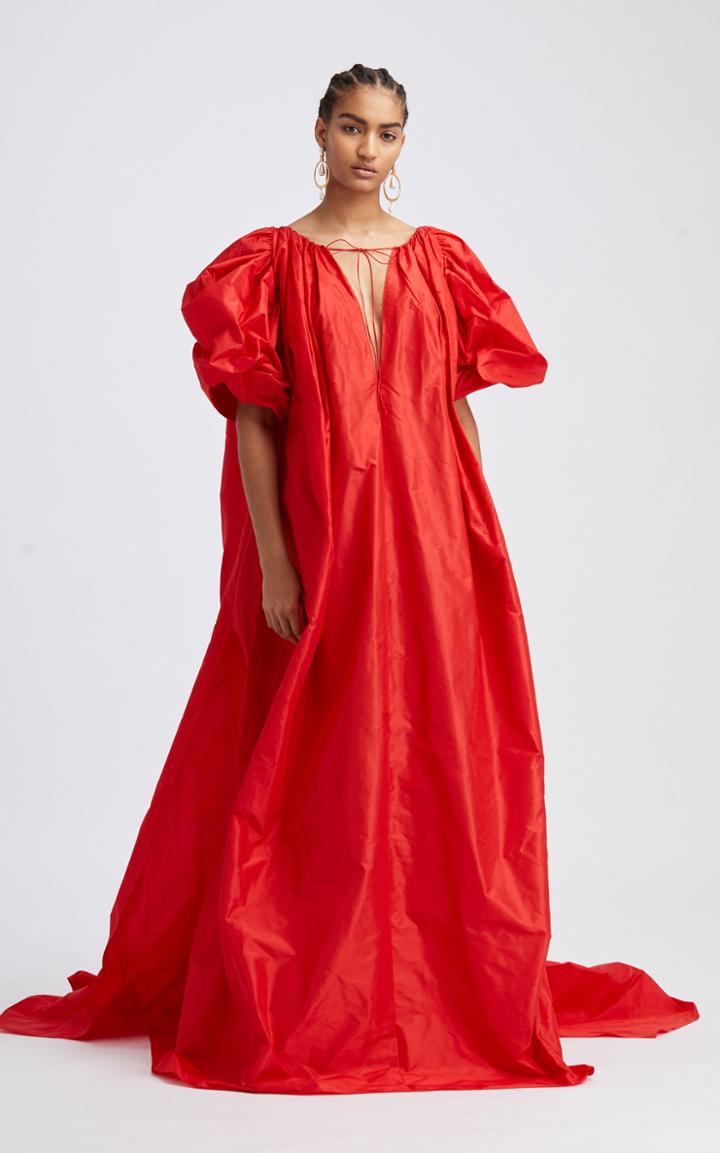 Moda Operandi Oscar De La Renta Puff Sleeve Silk V-neckline Caftan