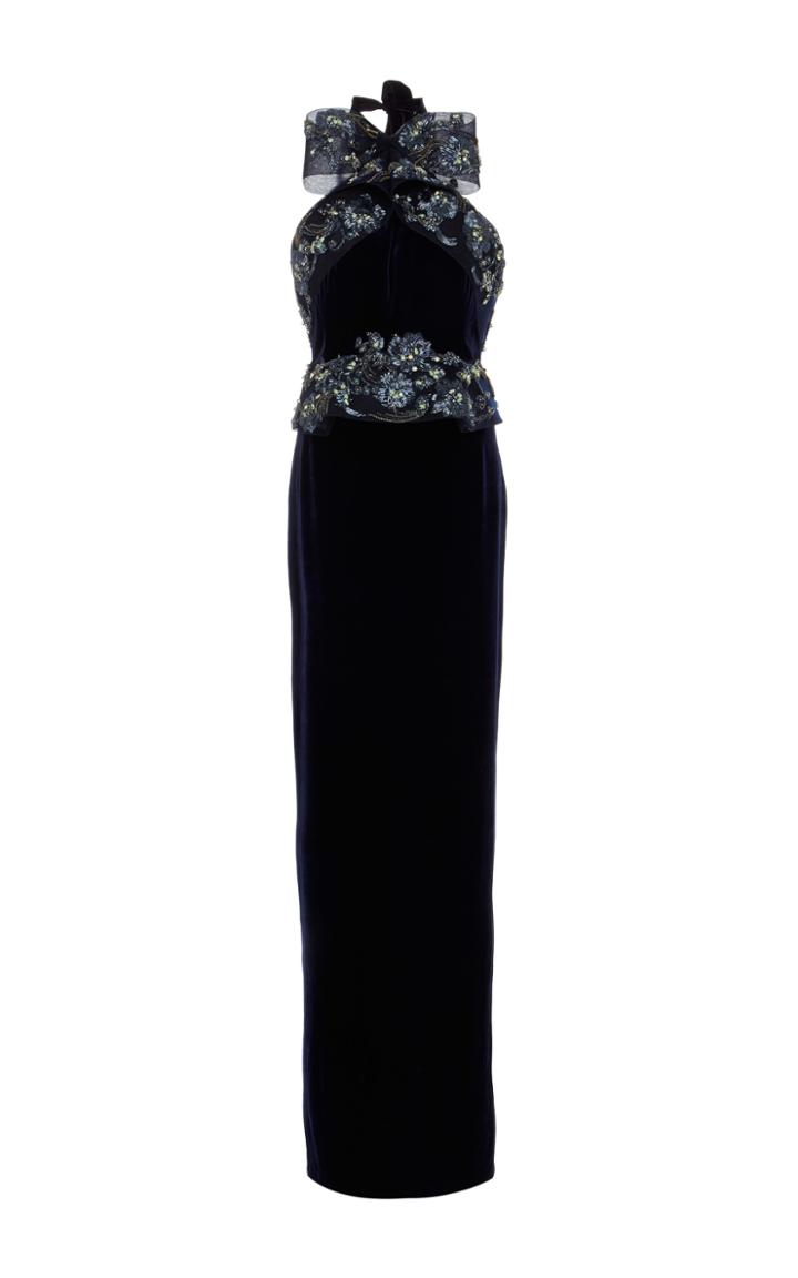 Marchesa Halter Velvet Peplum Gown