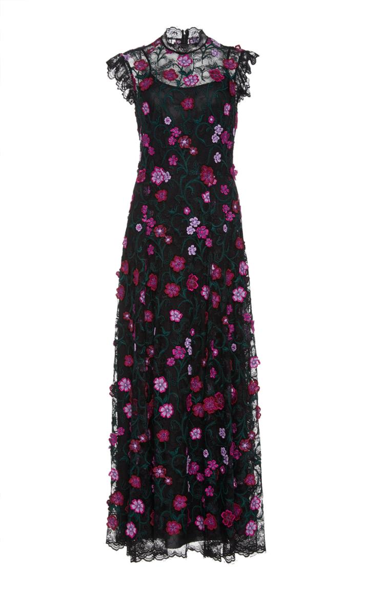 Lela Rose Embroidered Floral Lace Maxi Dress