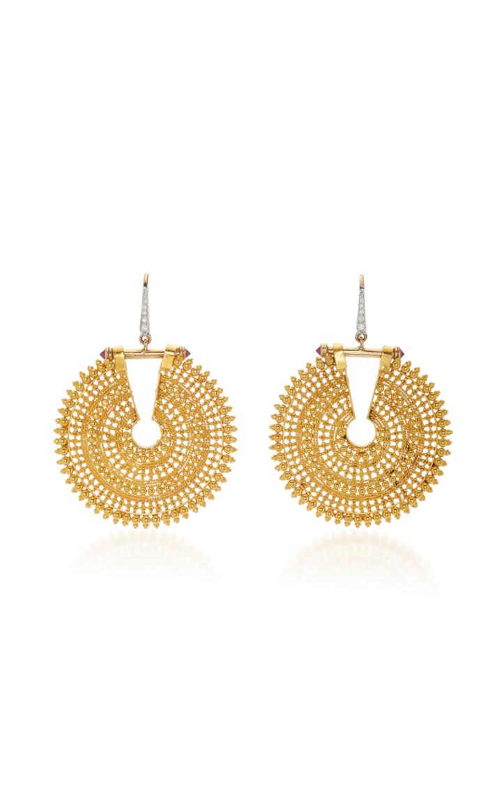 Hanut Singh 18k Yellow Gold Granulated Tribal Disc Pendant Earrings