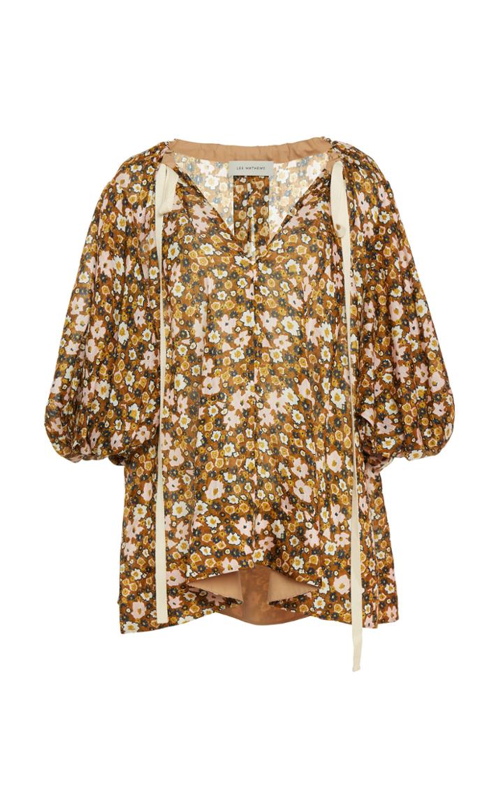 Moda Operandi Lee Mathews Ariel Floral-print Linen-silk Tie-neck Top Size: 0