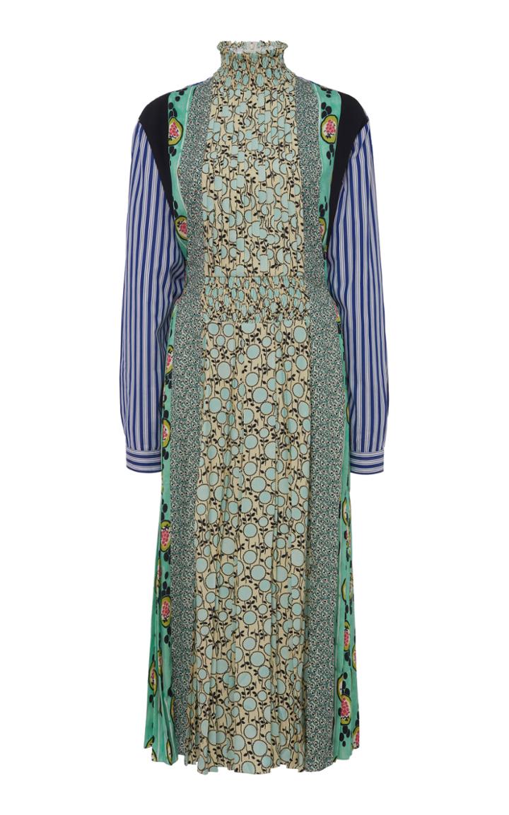 Prada Contrast Smocked Midi Dress