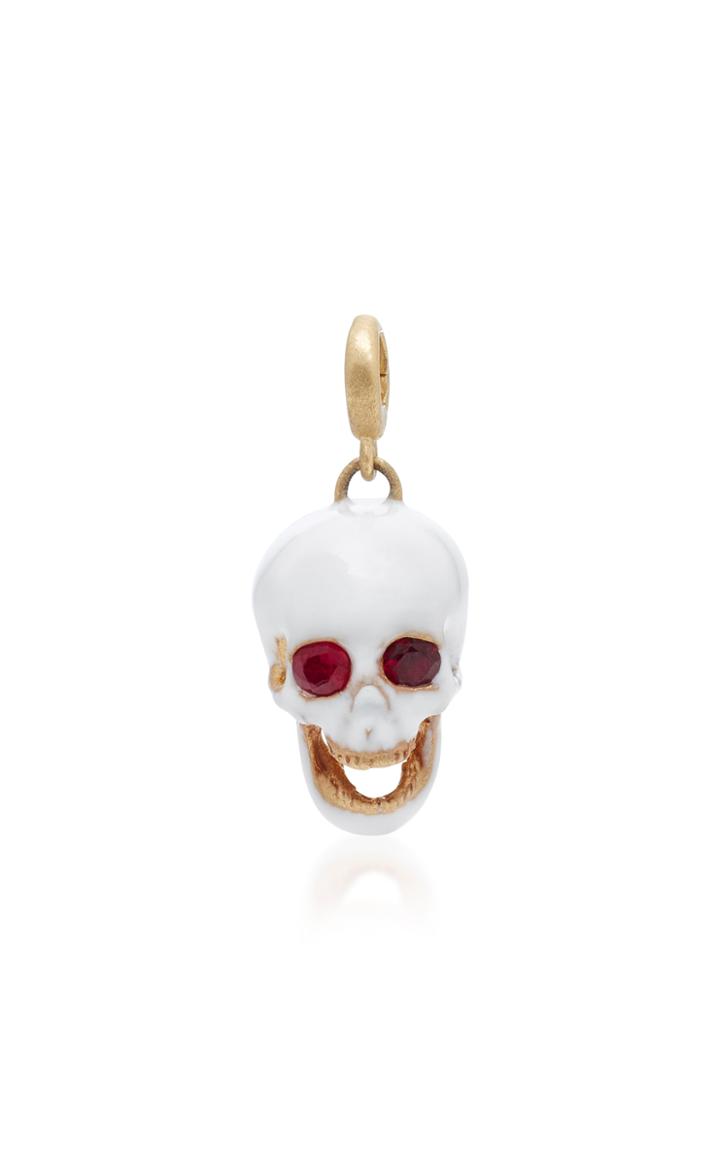 Luis Morais White Medium Enamel Skull Charm With Moveable Jaw And Gemfields Ruby Eyes