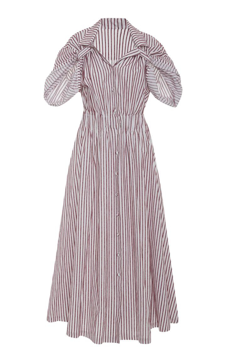 By Any Other Name Gathered Pinstriped Cotton-poplin Midi Dress