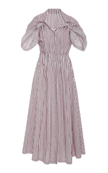 By Any Other Name Gathered Pinstriped Cotton-poplin Midi Dress
