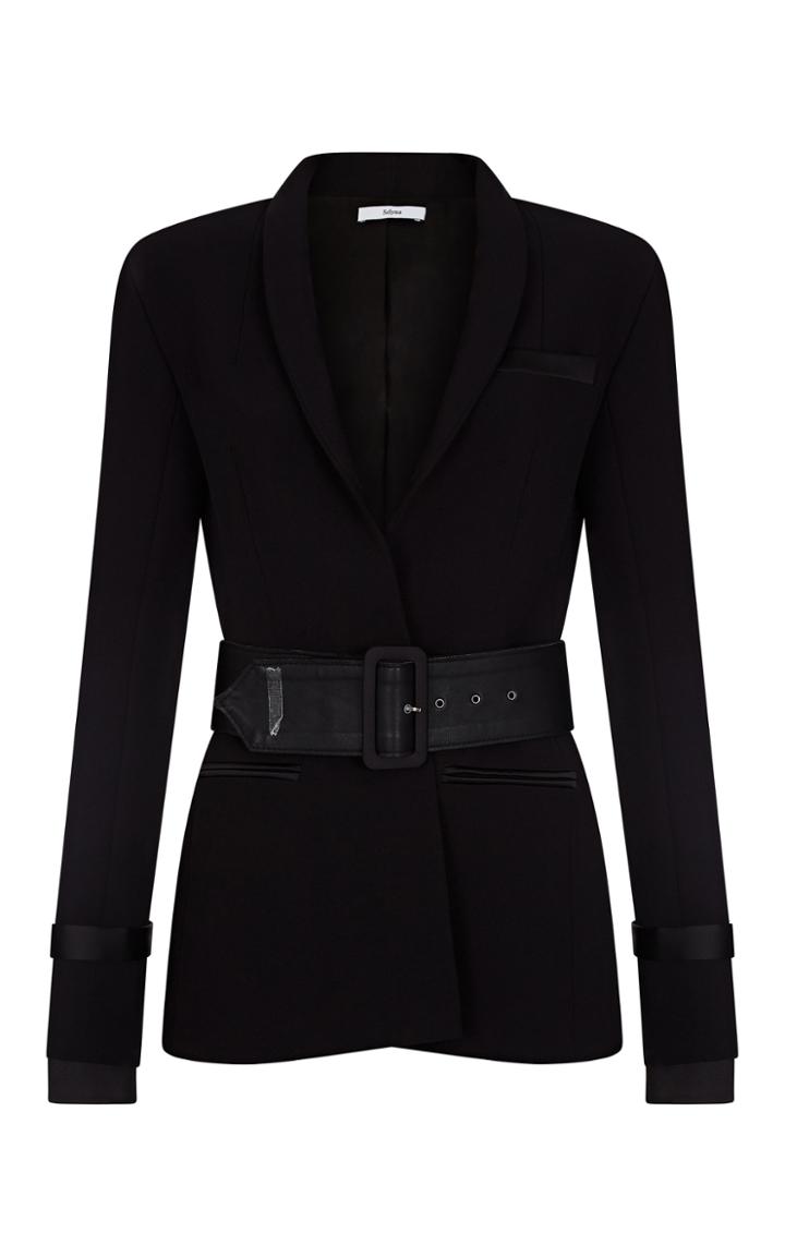 Moda Operandi Safiyaa Heather Satin-trimmed Heavy Crepe Belted Blazer