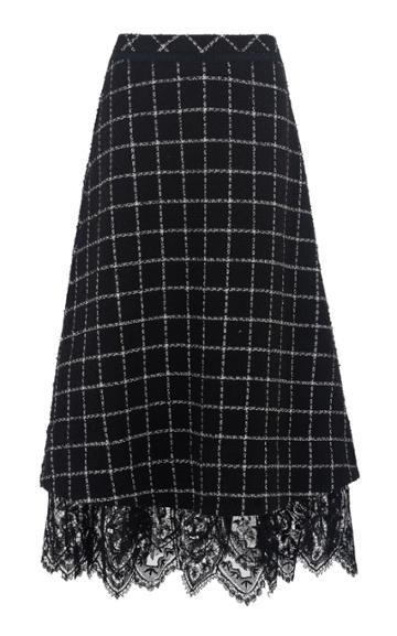 Moda Operandi Nevenka Young Blood Lace-trimmed Checked Wool-blend A-line Midi Skirt
