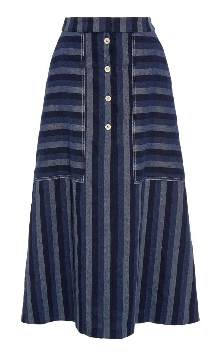 Carolina Herrera Denim Striped Tea Length Skirt