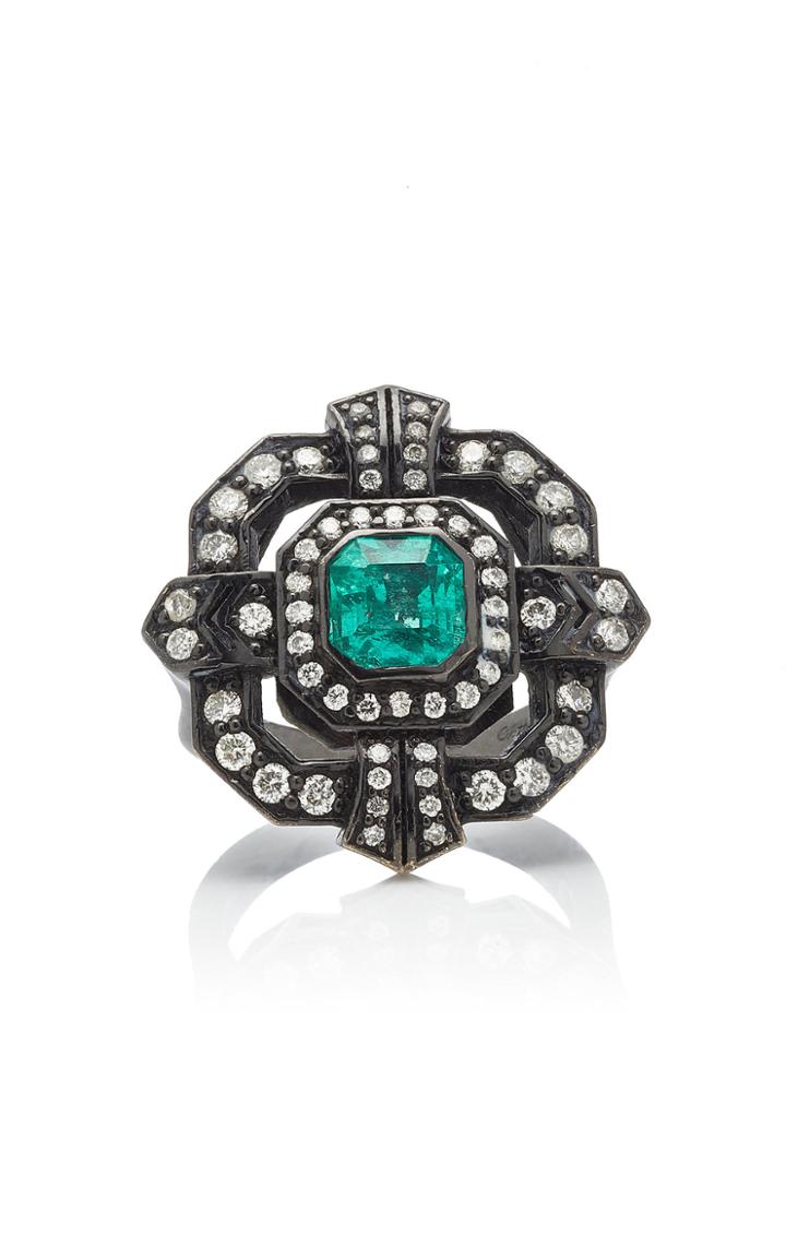 Colette Jewelry 18k Oxidized Gold Diamond And Emerald Ring