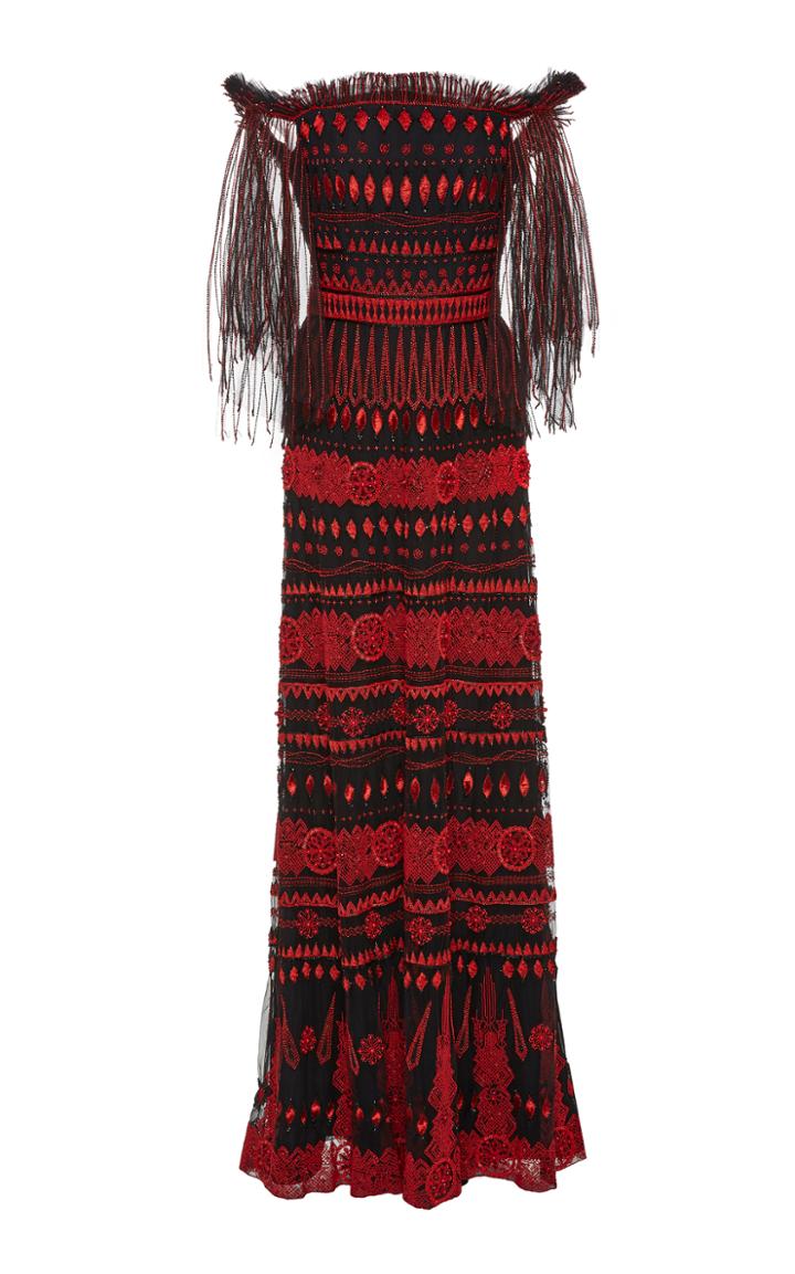 Alexandra Vidal Off The Shoulder Hand Beaded Gown