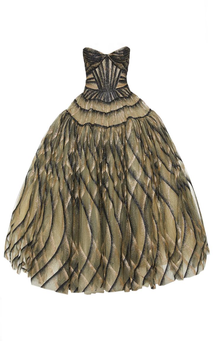 Zac Posen Patterned Chiffon Strapless Gown