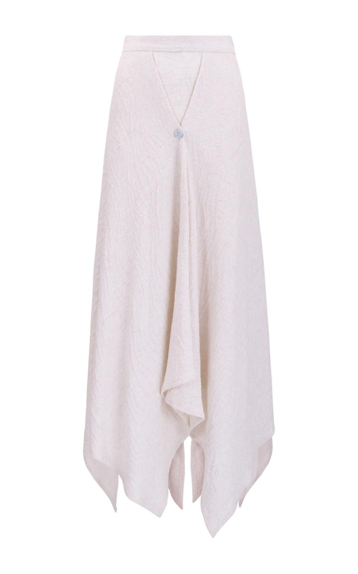 Amal Al Mulla Off White Textured Flared Asymmetrical Skirt With Aquamarine Button Detailing