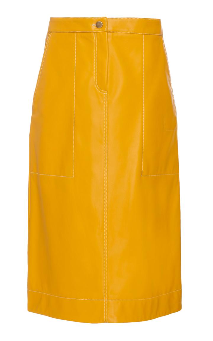 Oscar De La Renta Saffron Leather Midi Skirt