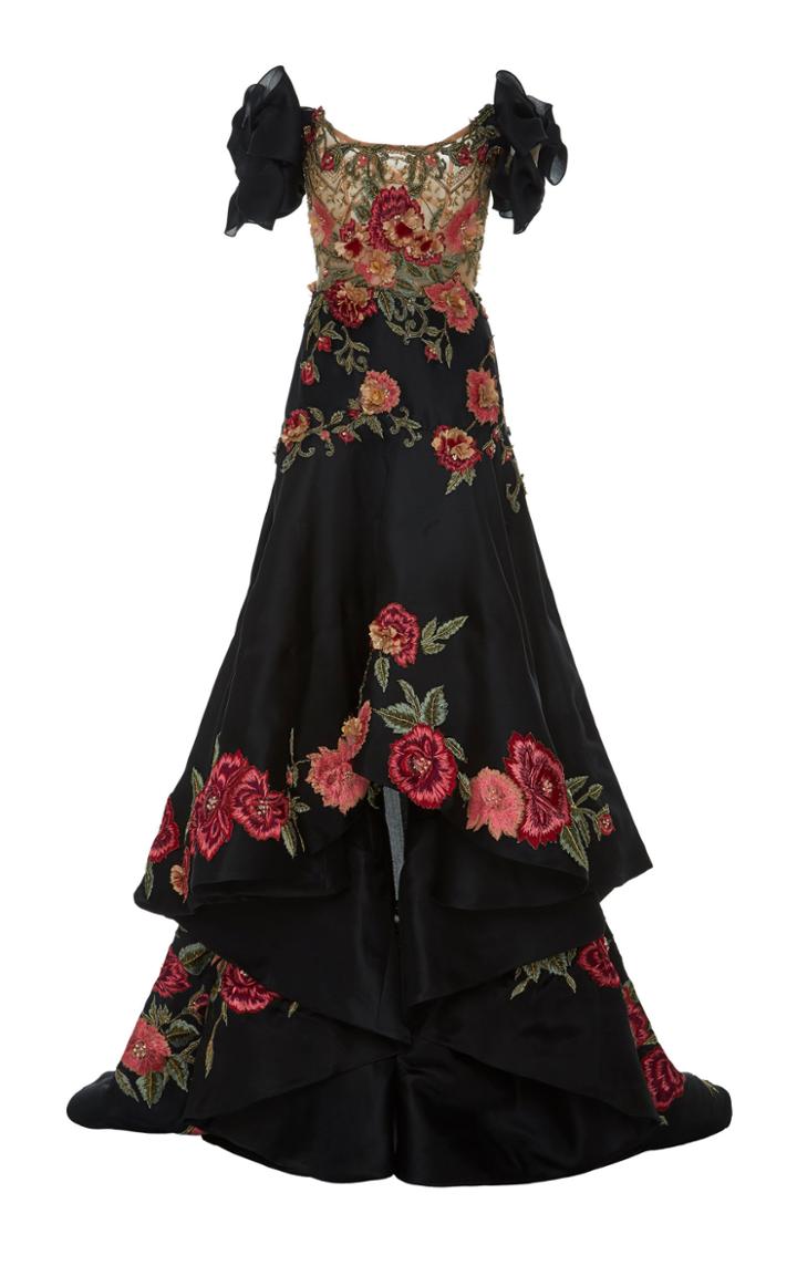 Marchesa High Low Floral Embroidered Dress