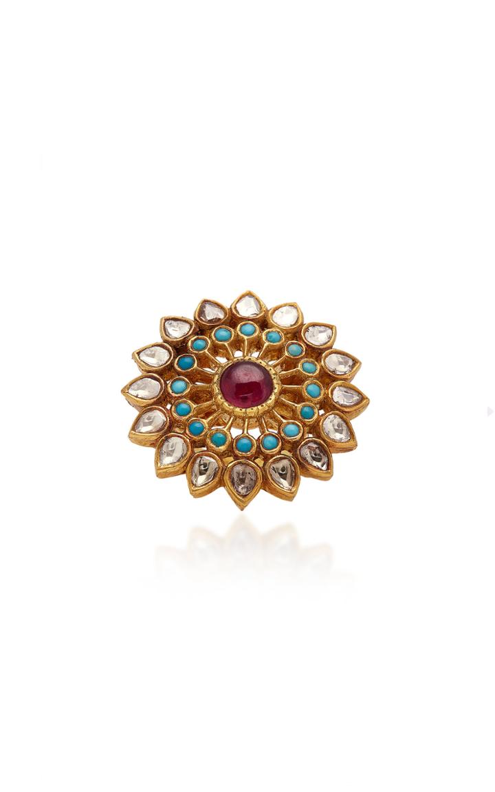 Amrapali 18k Gold Diamond Ruby And Turquoise Ring