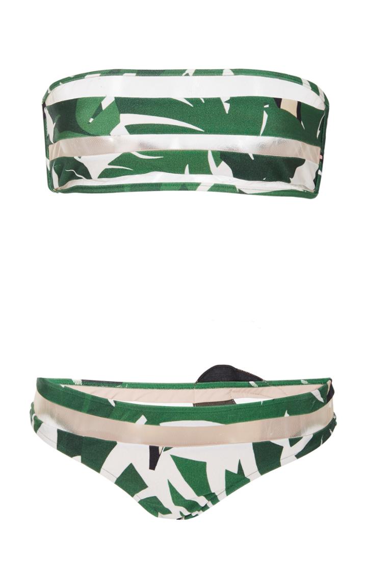 Adriana Degreas Geometric Foliage Tulle Detail Bandeau Bikini