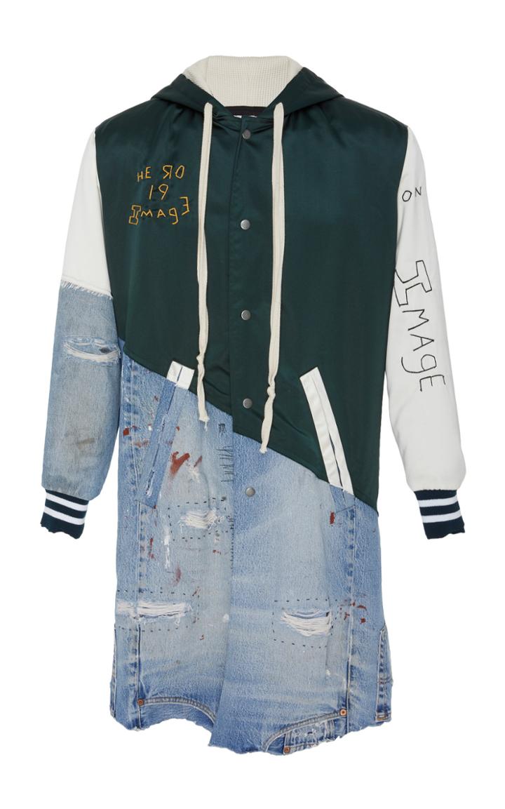 Greg Lauren Satin Denim Long Varsity Jacket