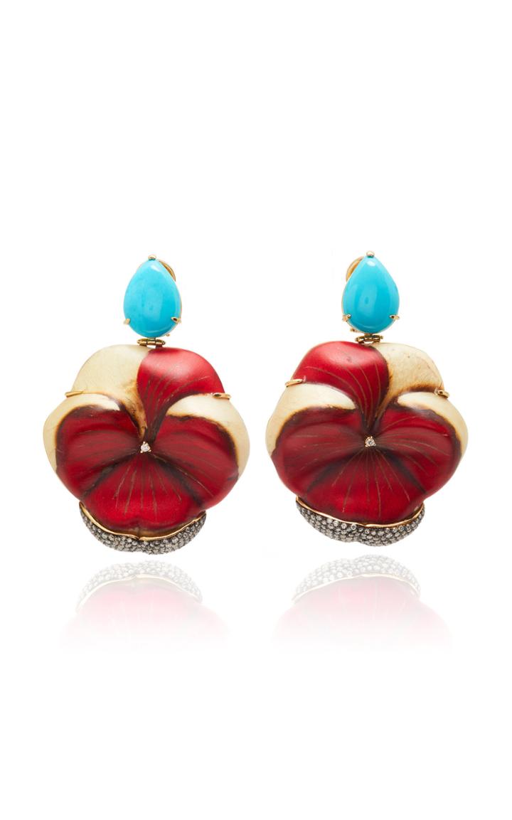 Silvia Furmanovich Sculptural Botanical Marquetry Flower Turquoise Earrings
