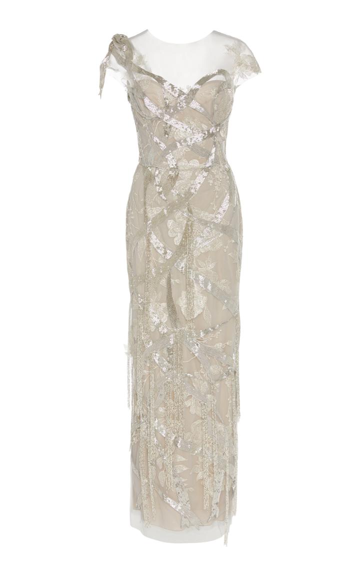Marchesa Fringe-embellished Organza Gown