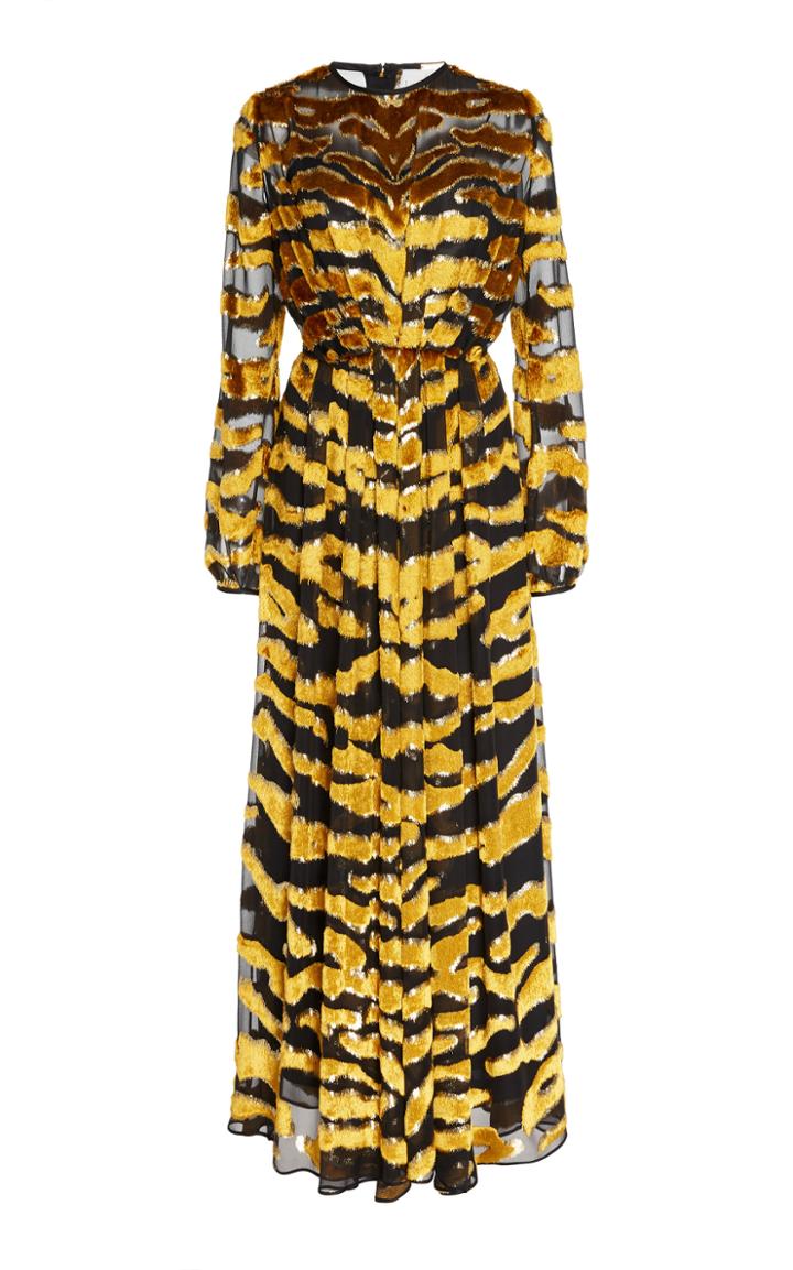 Adam Lippes Tiger Embossed Burnout Velvet Midi Dress