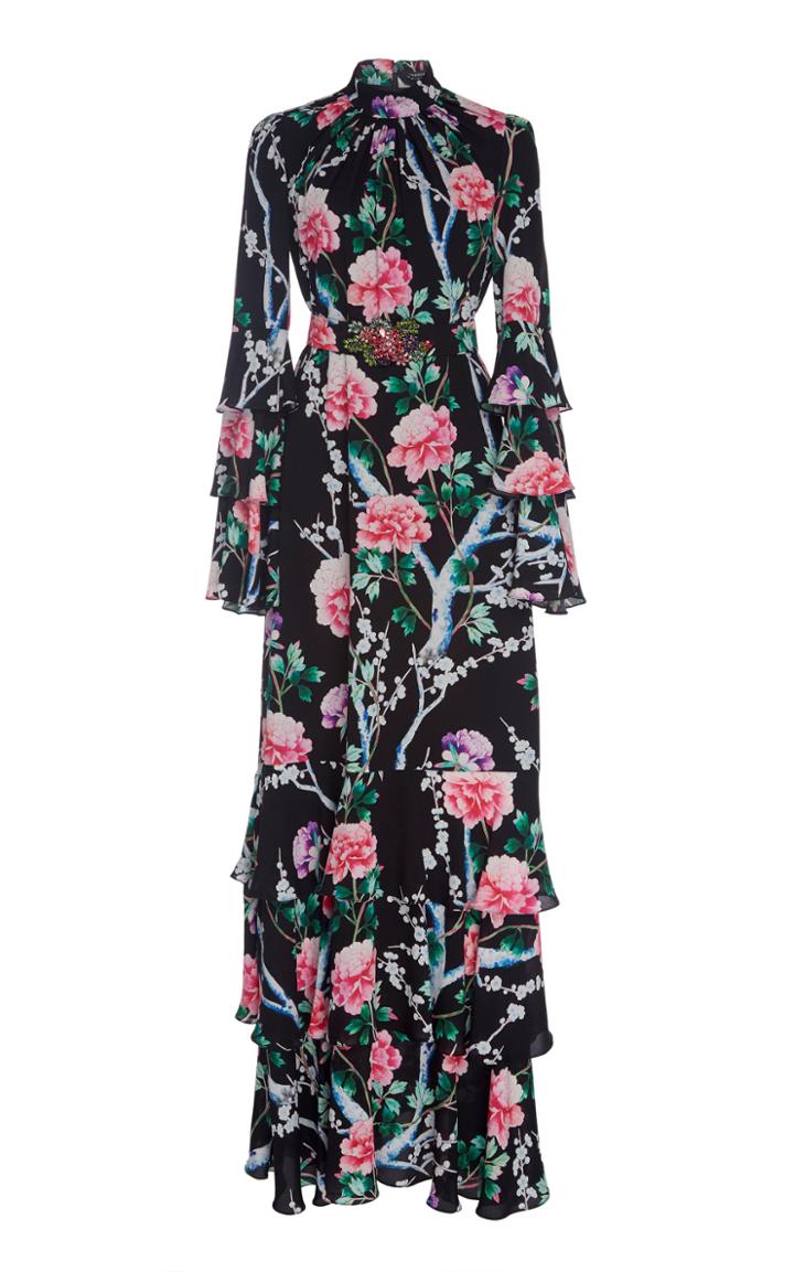 Andrew Gn Tiered Floral-print Silk Maxi Dress
