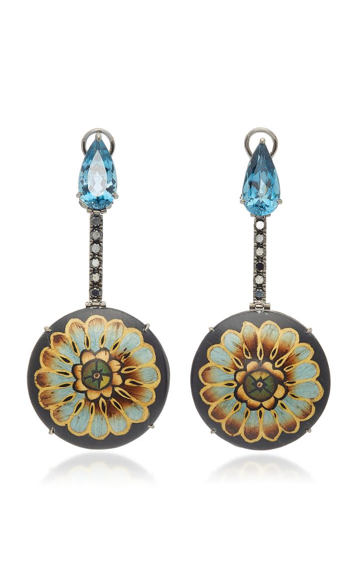 Silvia Furmanovich Marquetry Round Blue Flower Drop Earrings With Black Diamonds And London Blue Topaz