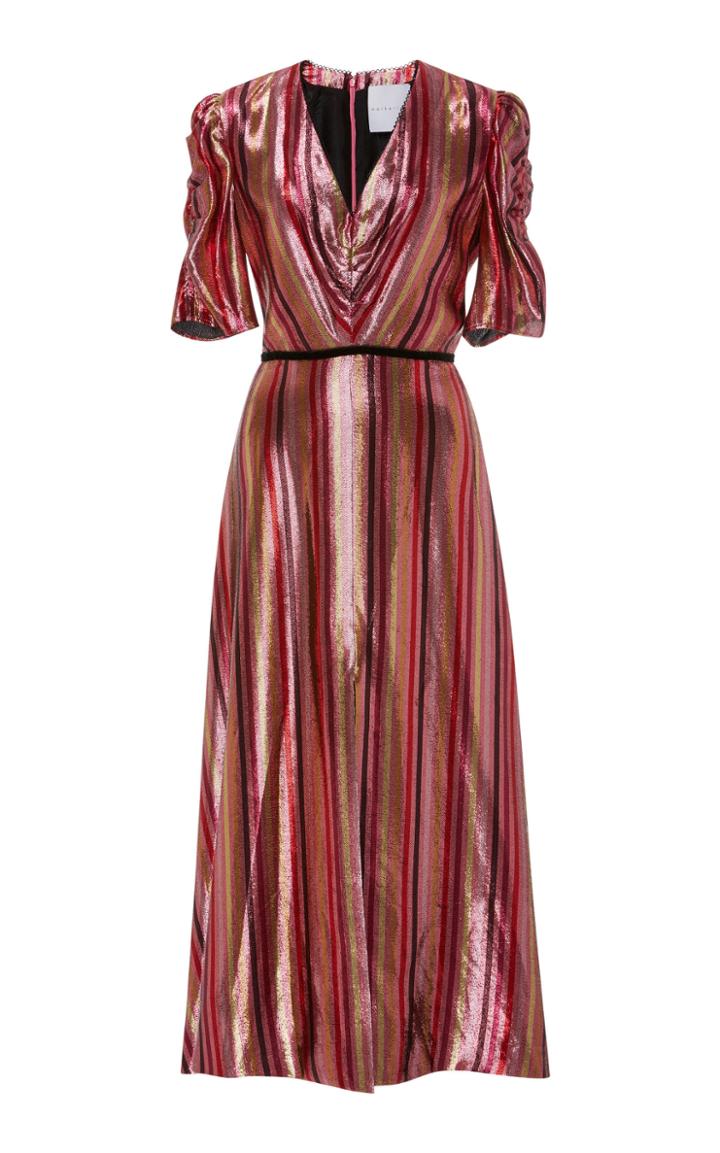 Markarian Sphinx Metallic Stripe Ruched Sleeve Dress