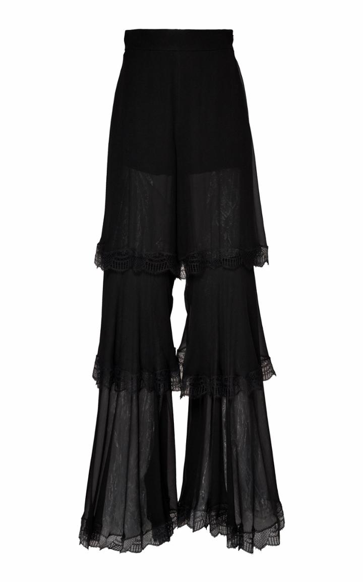 Alberta Ferretti Embroidered Ruffled Silk Wide-leg Pants
