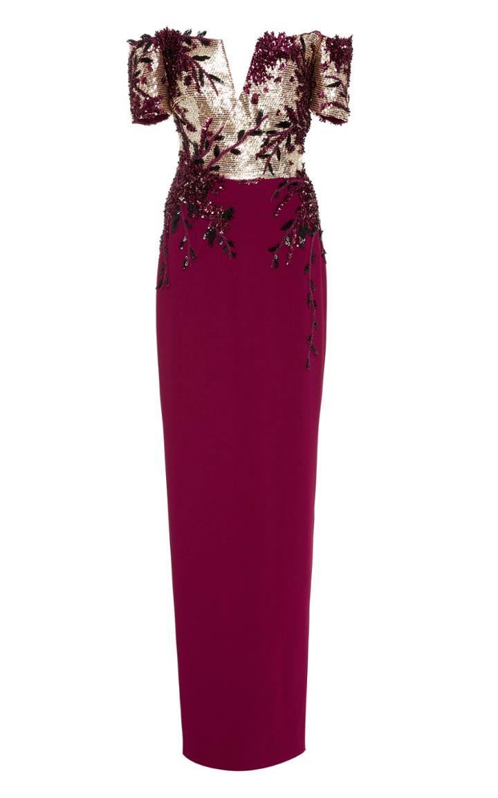 Pamella Roland Crepe Embellished Off The Shoulder Gown
