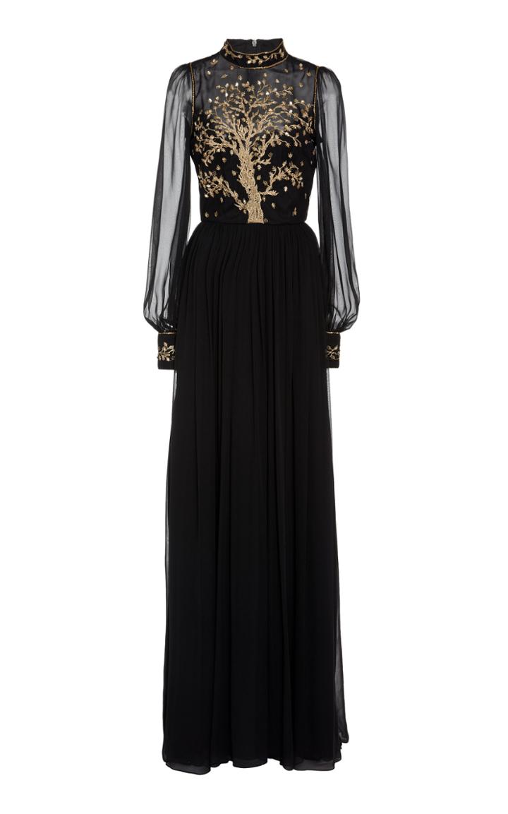 Monique Lhuillier Embroidered Long Sleeve Gown